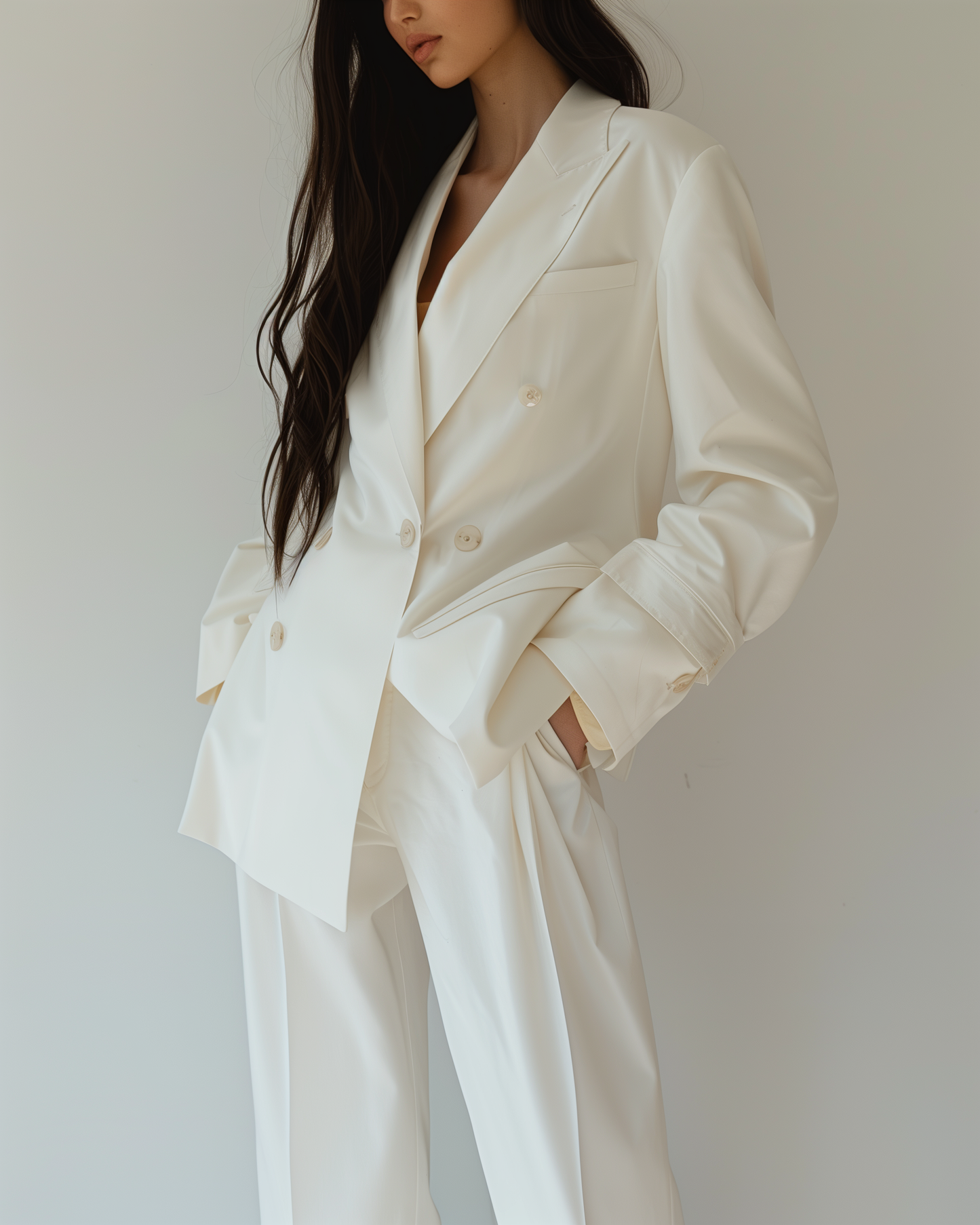 Person wearing a white suit against a plain background