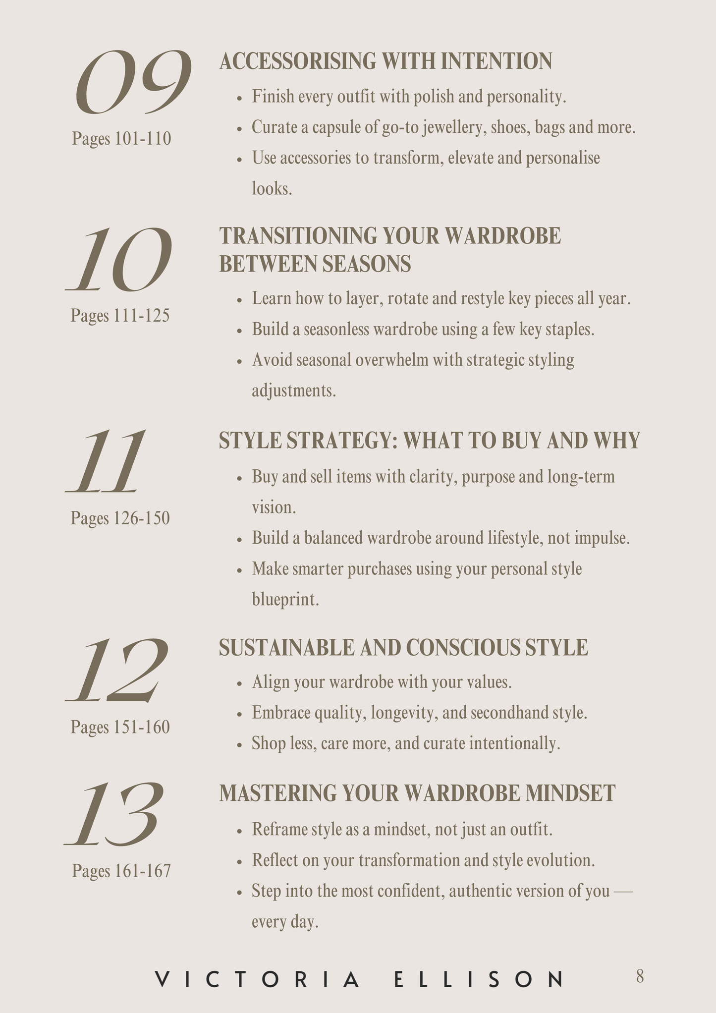 Table of contents for a book on wardrobe management and style, featuring headings and page ranges. Victoria Ellison is a Fashion Stylist specialising in Bridal Styling, Pregnancy Styling, Motherhood Styling, Personal Styling.
