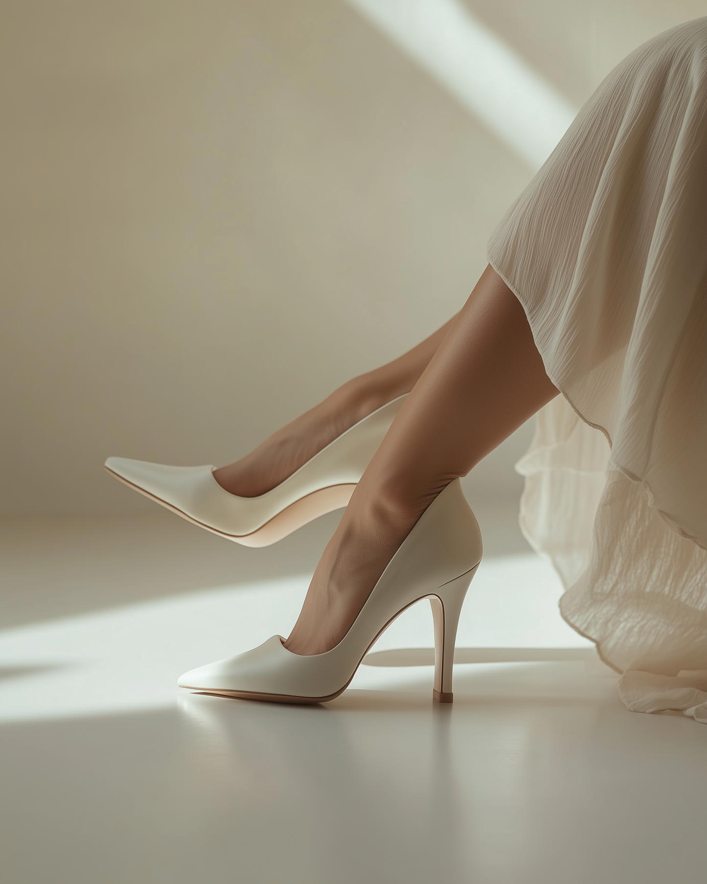 White high-heeled shoes worn with a light-colored skirt on a neutral background