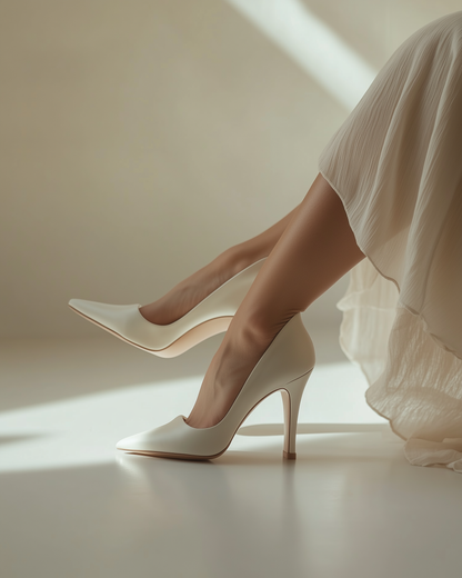 White high-heeled shoes worn with a light-colored skirt on a neutral background. Victoria Ellison is a Fashion Stylist specialising in Bridal Styling, Pregnancy Styling, Motherhood Styling, Personal Styling.
