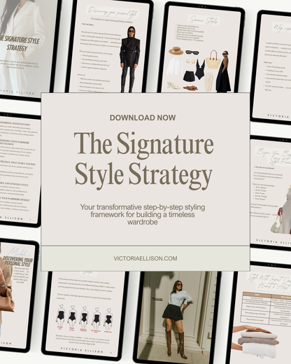 Promotional graphic for 'The Signature Style Strategy' with text and images of a woman styling outfits. Victoria Ellison is a Fashion Stylist specialising in Bridal Styling, Pregnancy Styling, Motherhood Styling, Personal Styling.