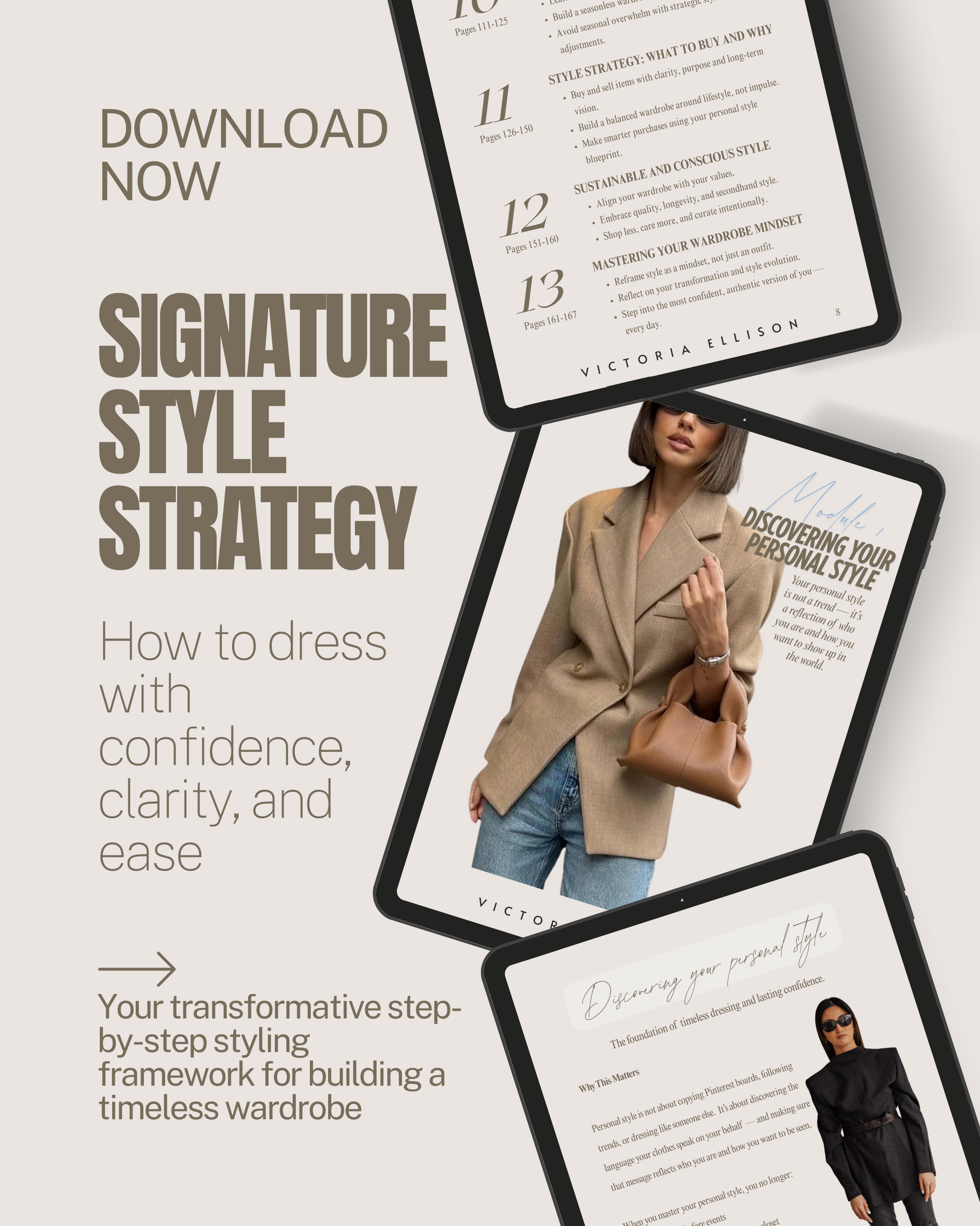 Promotional graphic for 'Signature Style Strategy' with text and images of a woman in a beige blazer. Victoria Ellison is a Fashion Stylist specialising in Bridal Styling, Pregnancy Styling, Motherhood Styling, Personal Styling.