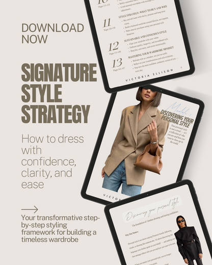 Promotional graphic for 'Signature Style Strategy' with text and images of a woman in a beige blazer. Victoria Ellison is a Fashion Stylist specialising in Bridal Styling, Pregnancy Styling, Motherhood Styling, Personal Styling.