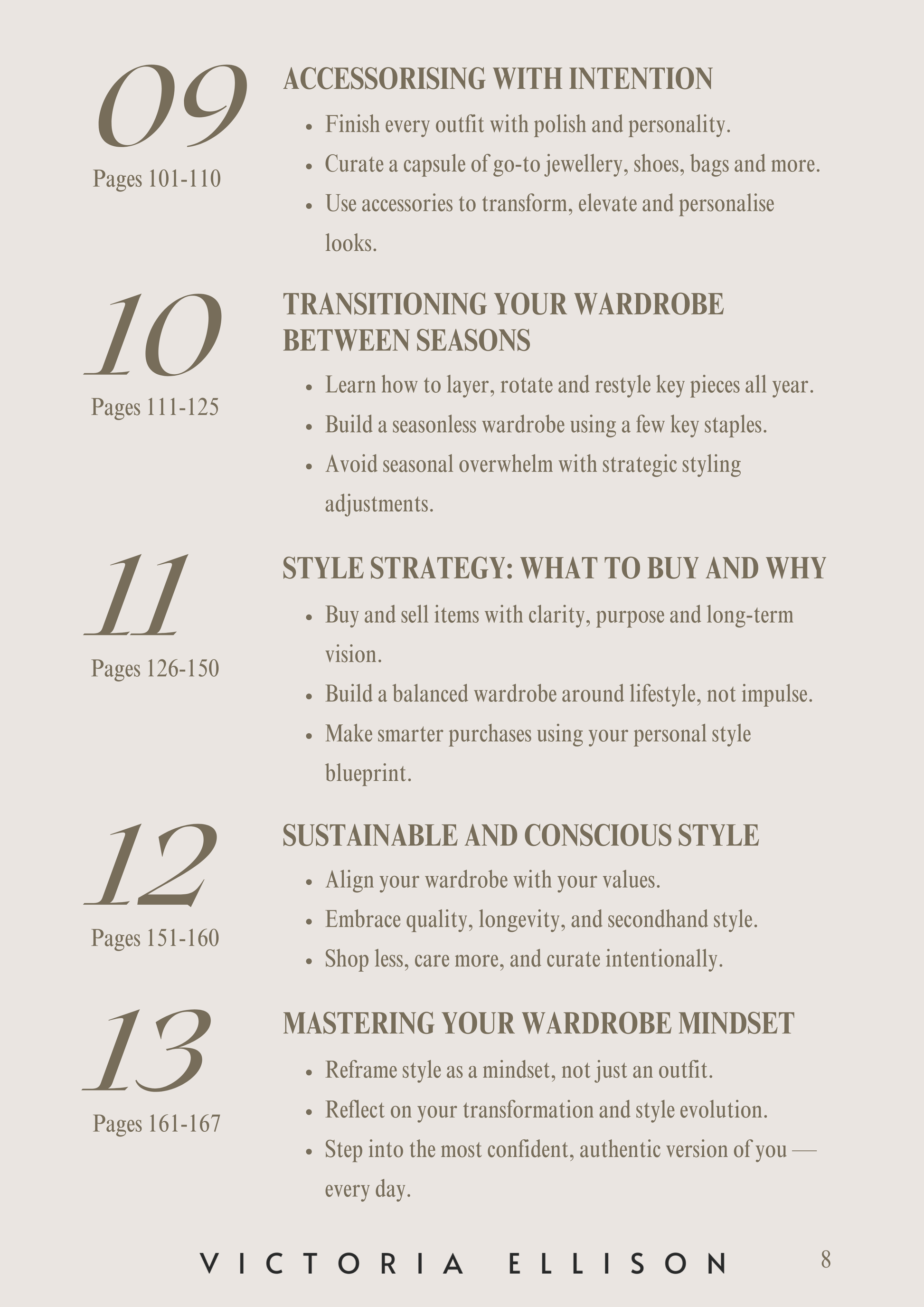 Table of contents for a book on wardrobe management and style, featuring headings and page ranges. Victoria Ellison is a Fashion Stylist specialising in Bridal Styling, Pregnancy Styling, Motherhood Styling, Personal Styling.