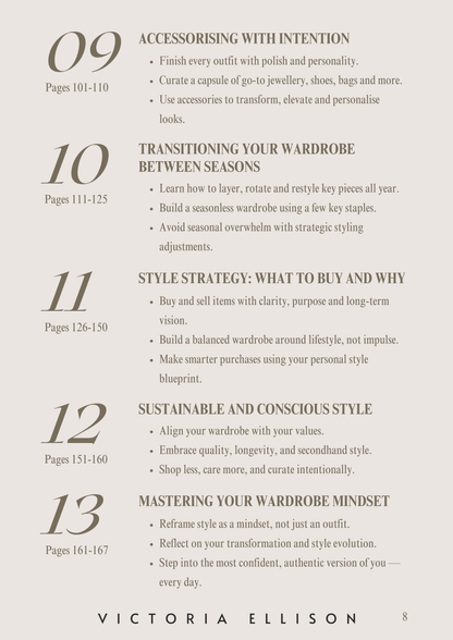 Table of contents for a book on wardrobe management and style, featuring headings and page ranges. Victoria Ellison is a Fashion Stylist specialising in Bridal Styling, Pregnancy Styling, Motherhood Styling, Personal Styling.