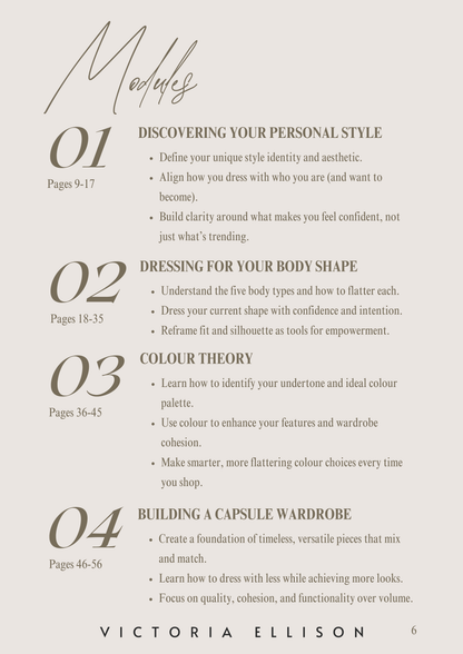 Outline of a book or guide on discovering personal style with Victoria Ellison. Victoria Ellison is a Fashion Stylist specialising in Bridal Styling, Pregnancy Styling, Motherhood Styling, Personal Styling.