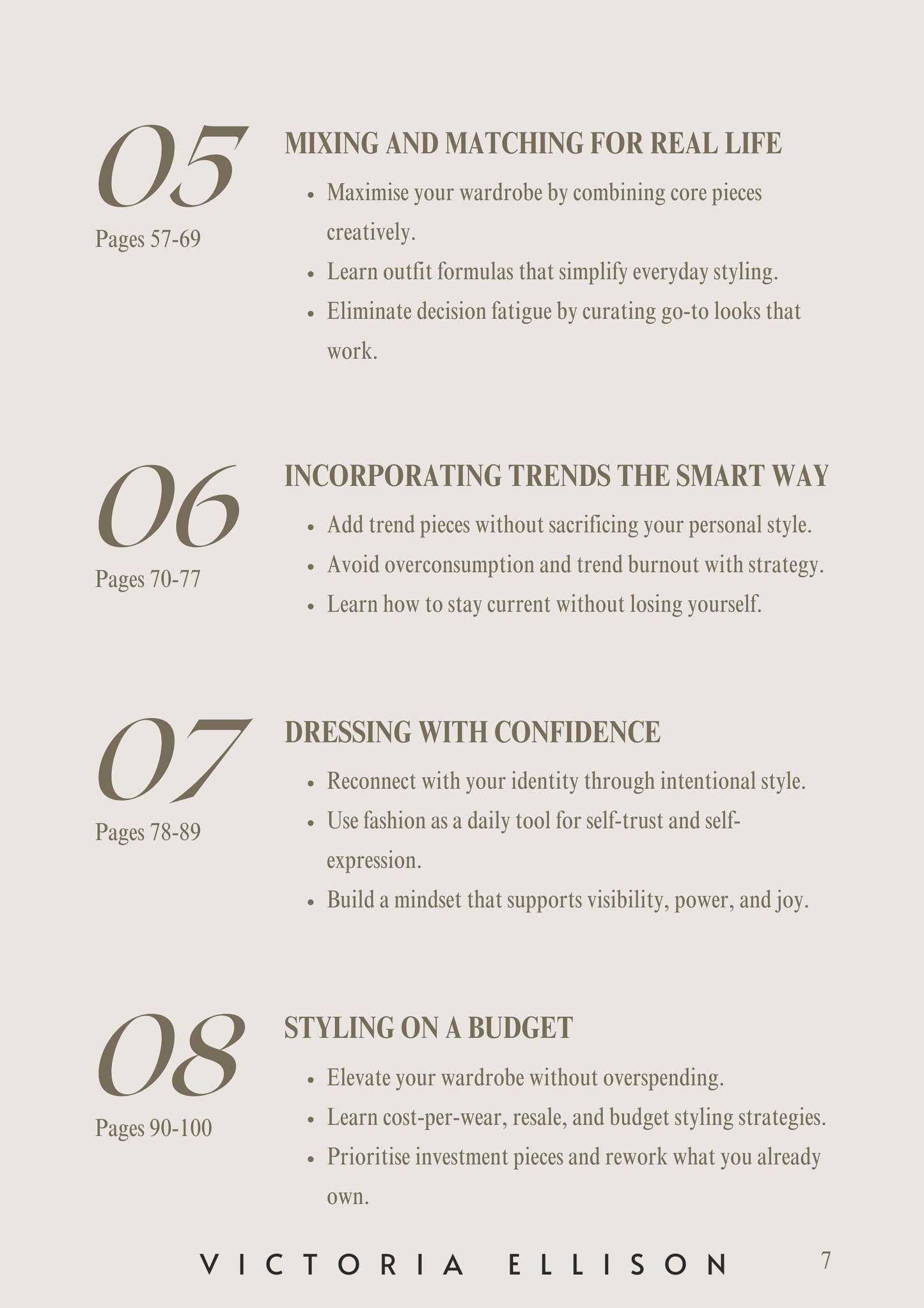 Text page from a book or guide on fashion styling with headings and subheadings. Victoria Ellison is a Fashion Stylist specialising in Bridal Styling, Pregnancy Styling, Motherhood Styling, Personal Styling.