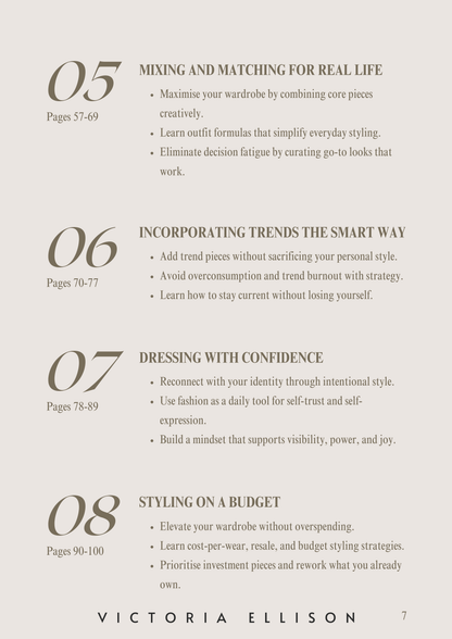 Text page from a book or guide on fashion styling with headings and subheadings. Victoria Ellison is a Fashion Stylist specialising in Bridal Styling, Pregnancy Styling, Motherhood Styling, Personal Styling.