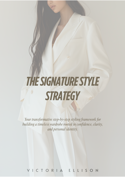 Woman in a white suit with text overlay 'The Signature Style Strategy' by Victoria Ellison on a light background