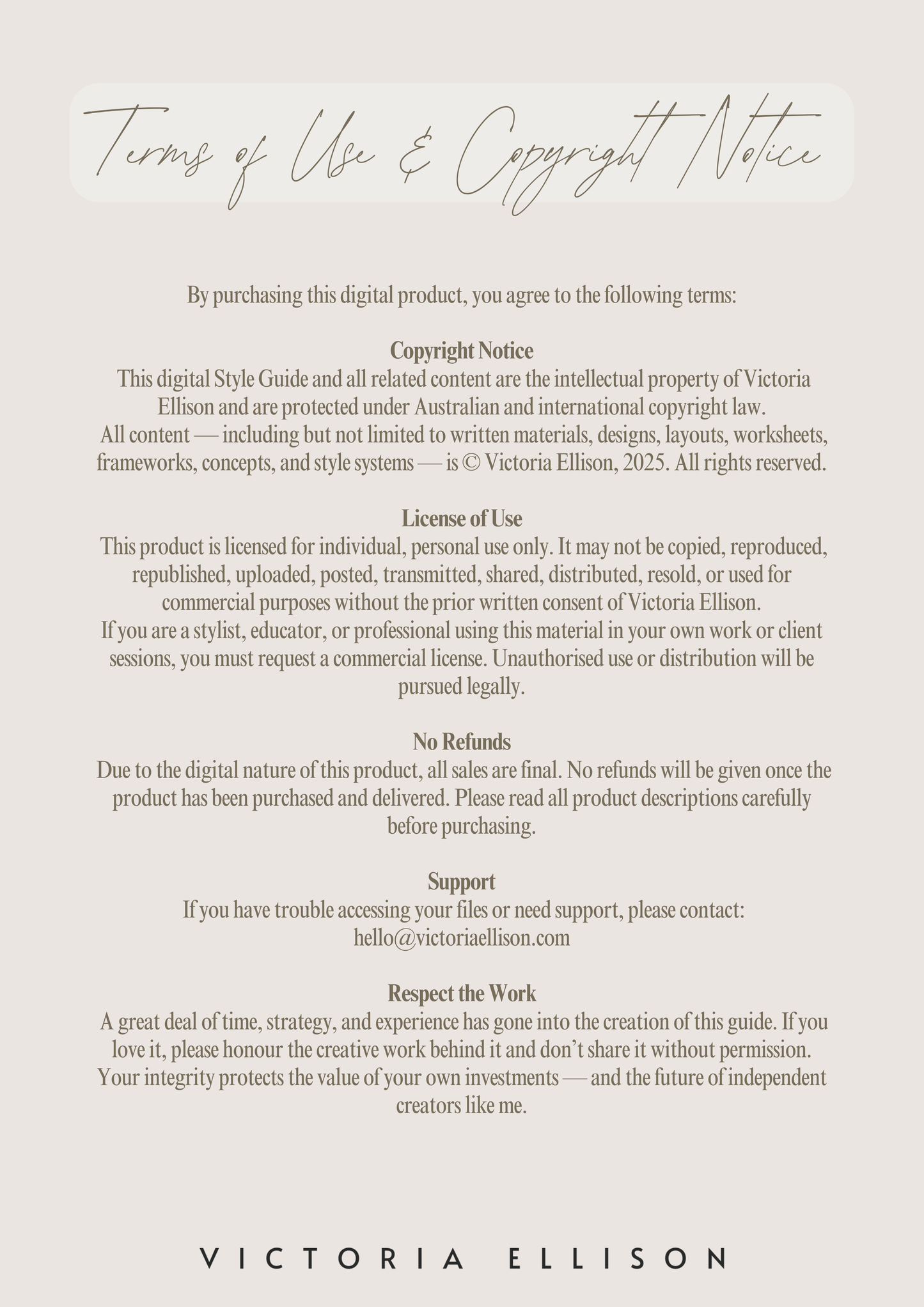Terms of Use & Copyright Notice document by Victoria Ellison on a light gray background