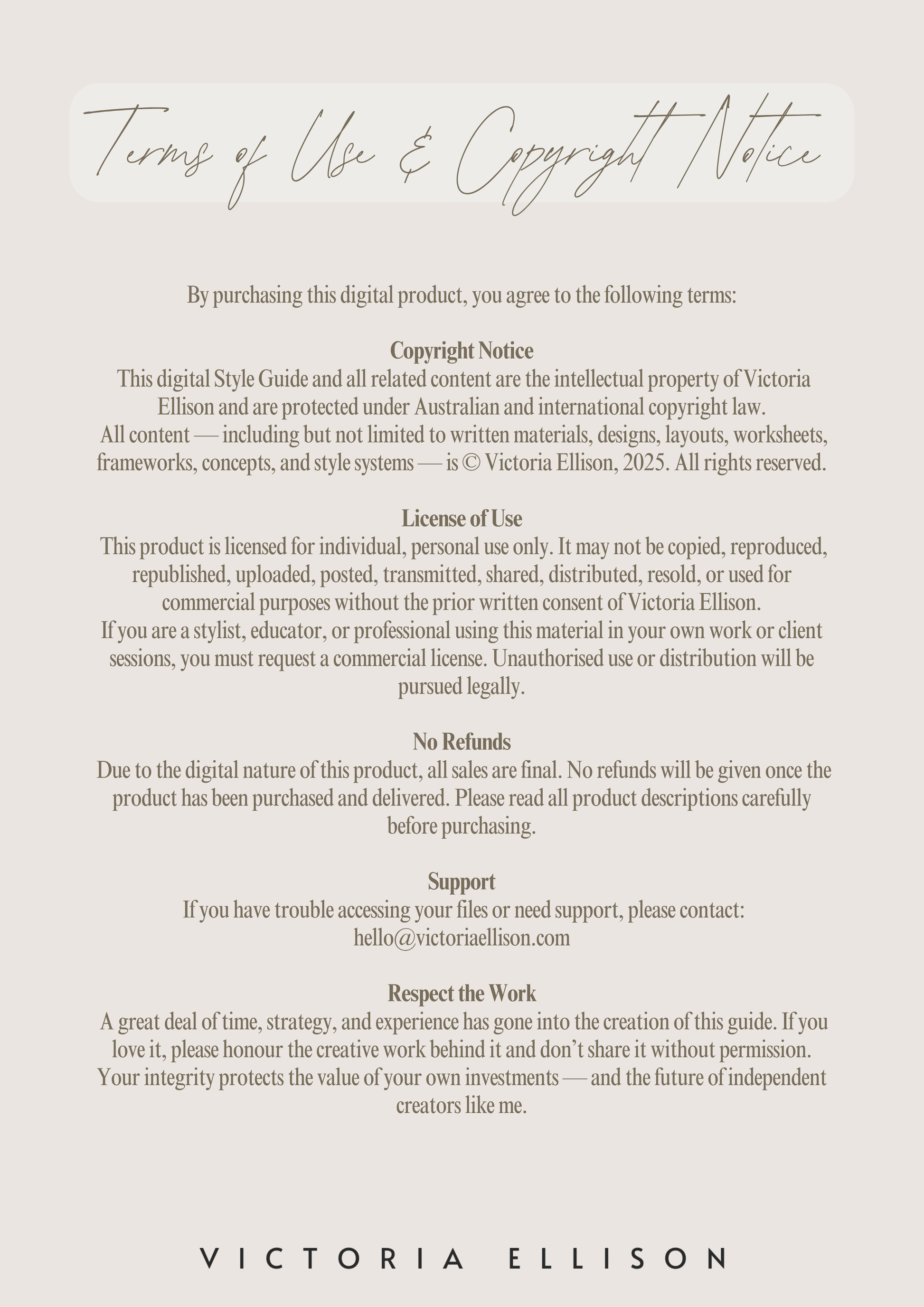 Terms of Use & Copyright Notice document by Victoria Ellison on a light gray background