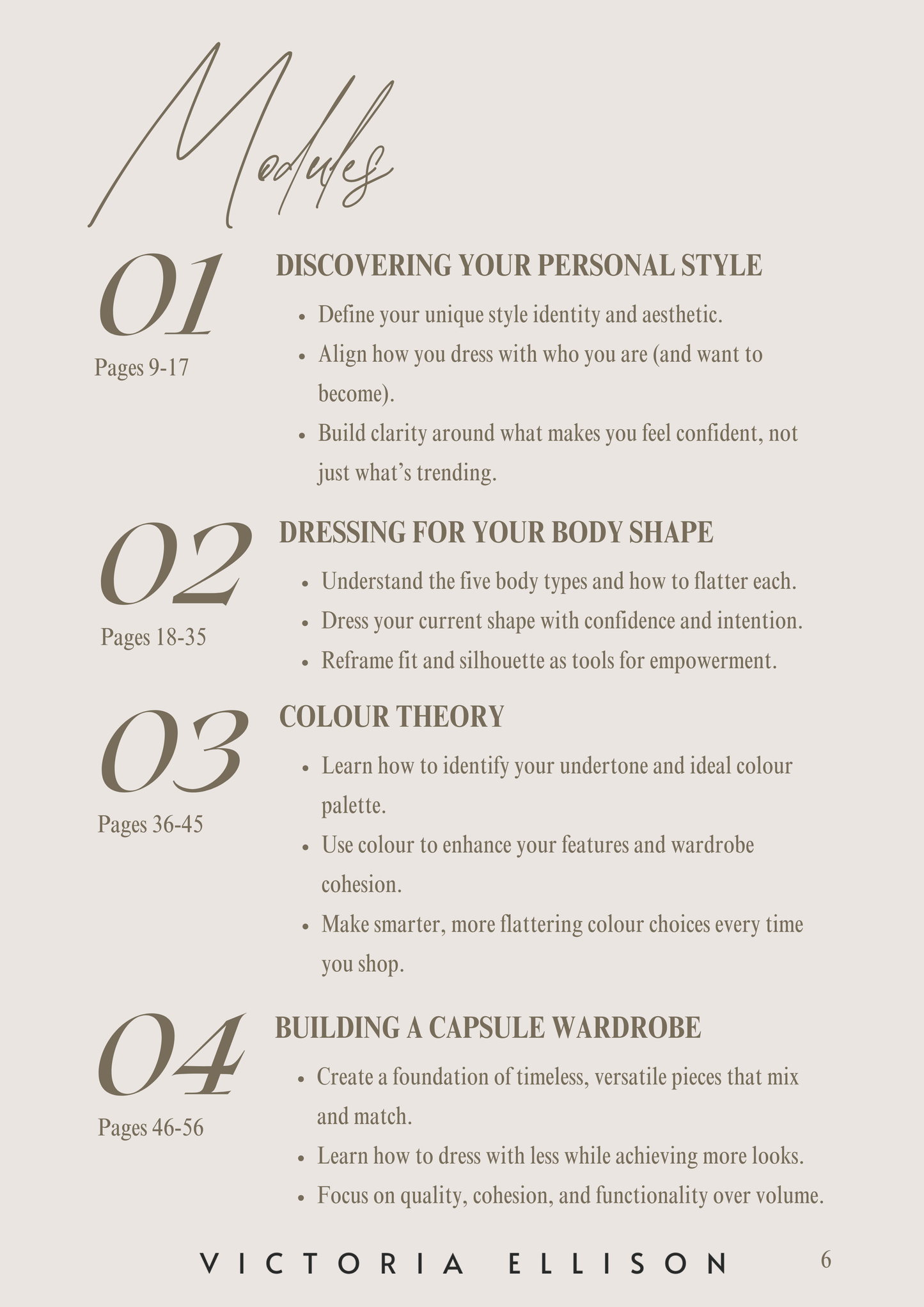 Outline of a book or guide on discovering personal style with Victoria Ellison.