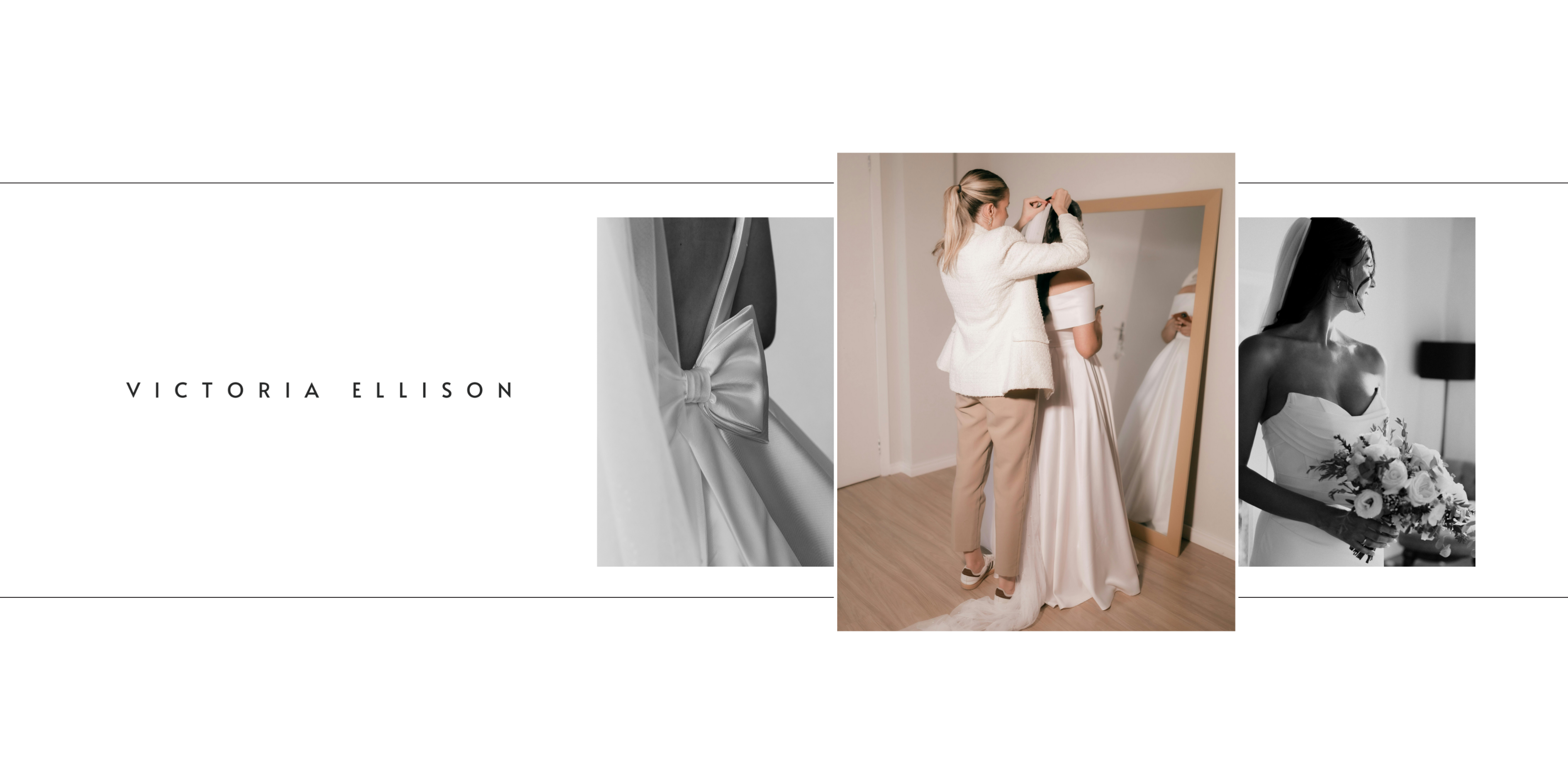 Collage of a bride getting ready with a stylist featuring Victoria Ellison logo