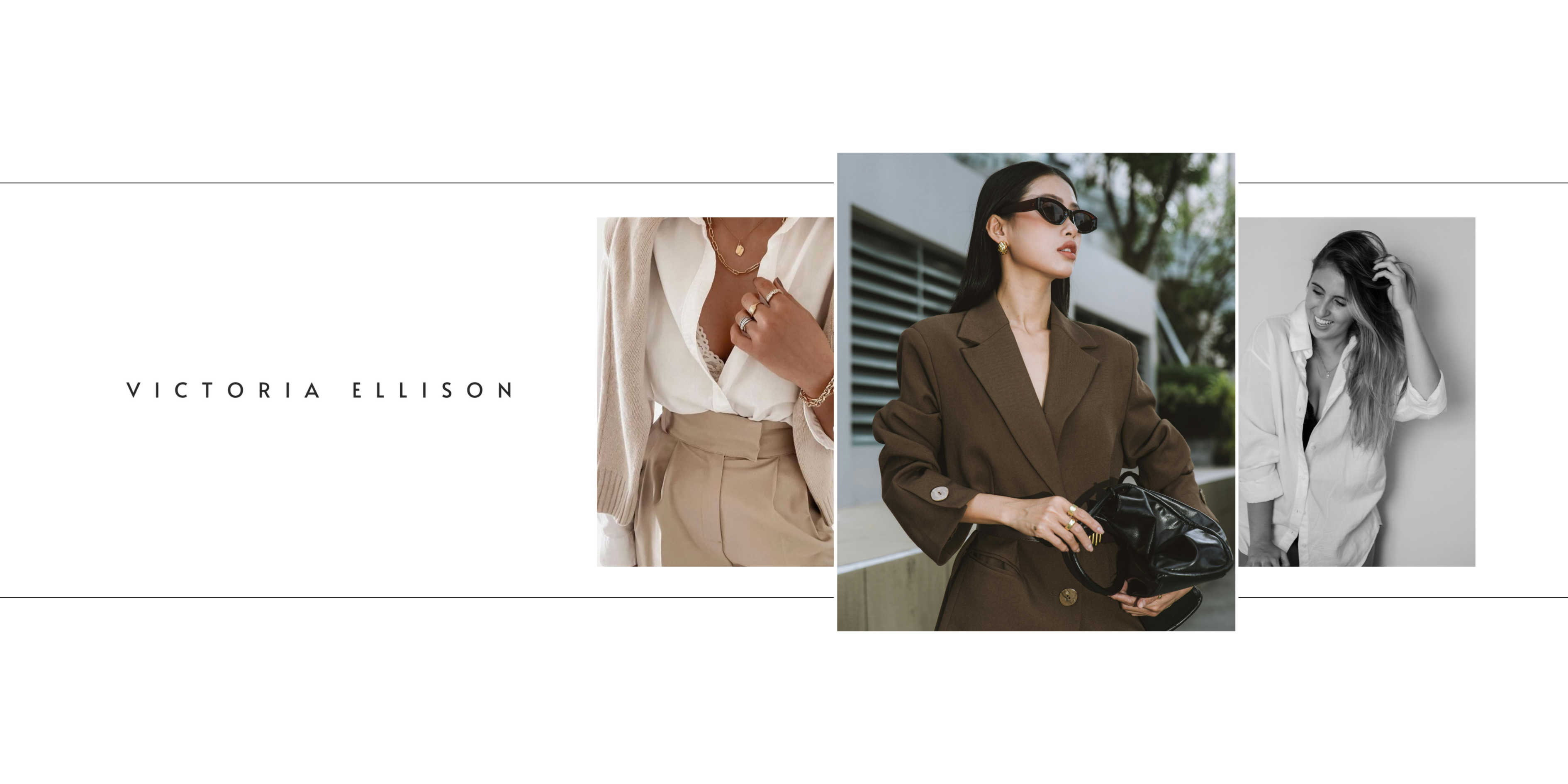 Collage of a woman in various outfits with 'Victoria Ellison' branding.