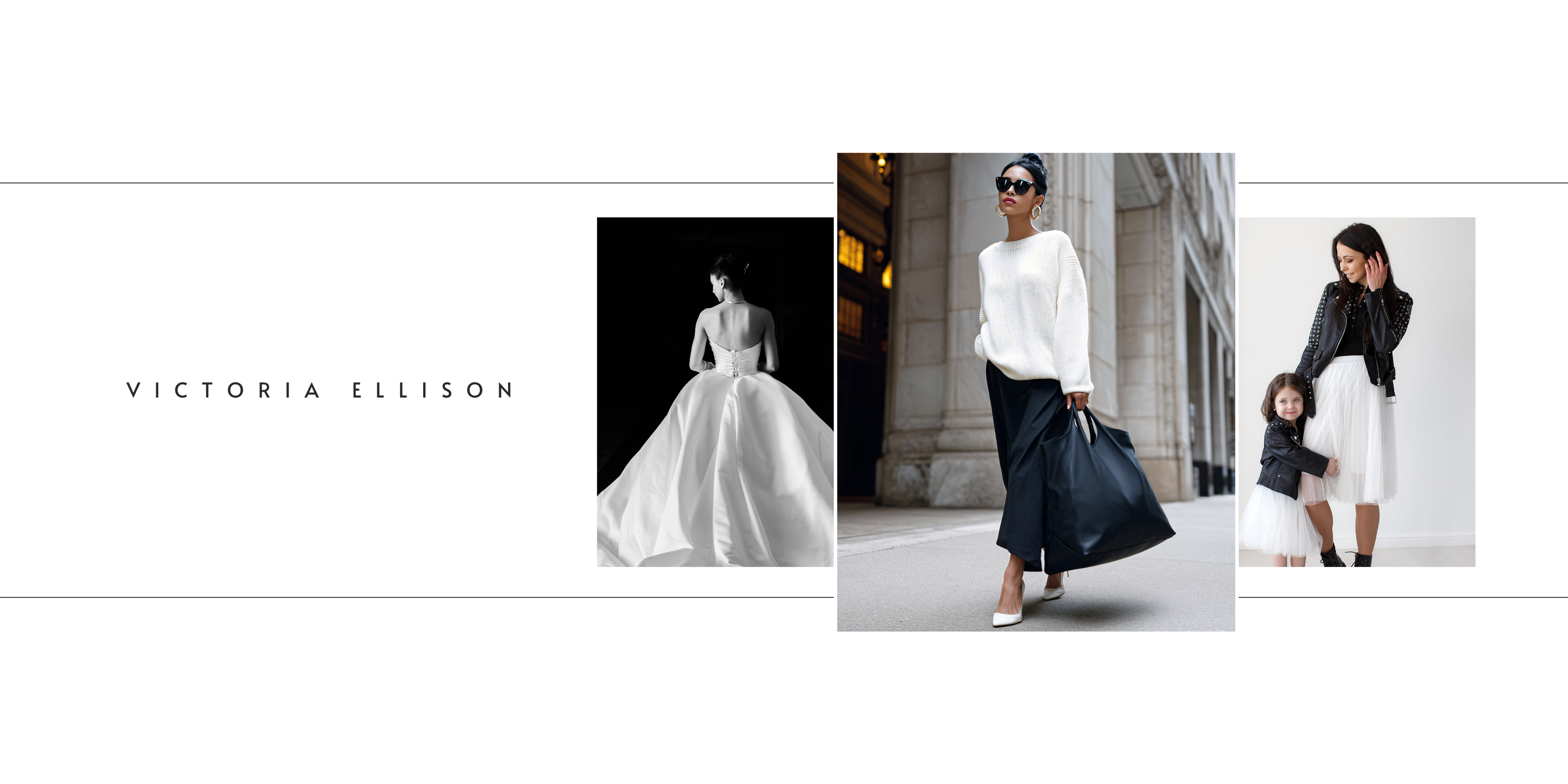 Collage of fashion images with 'Victoria Ellison' branding, featuring a bride, a woman holding a black bag, and a family.