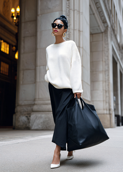 Woman in a white sweater and black skirt holding a large black bag on a city street. Victoria Ellison is a Fashion Stylist specialising in Bridal Styling, Pregnancy Styling, Motherhood Styling, Personal Styling.